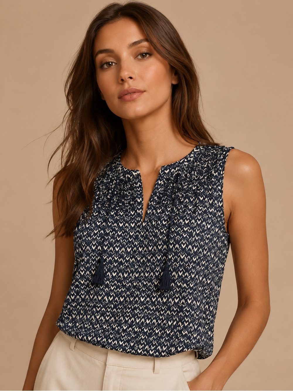 beachlunchlounge Navy and White Patterned Sleeveless Tie-Front Camisole